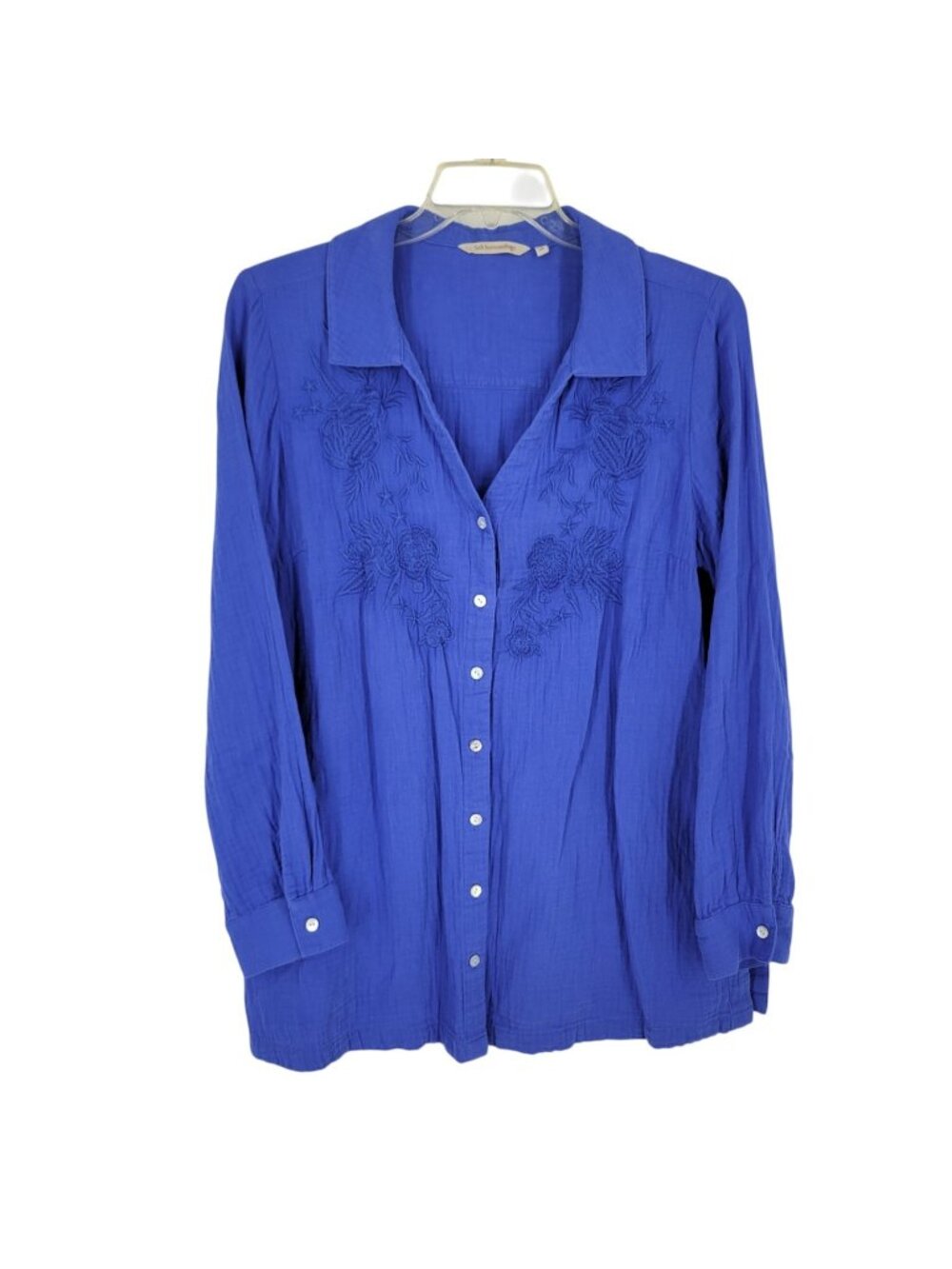 Blue Embroidered Button Up Shirt XL Floral Gauze Boho Cottagecore Coastal Tunic